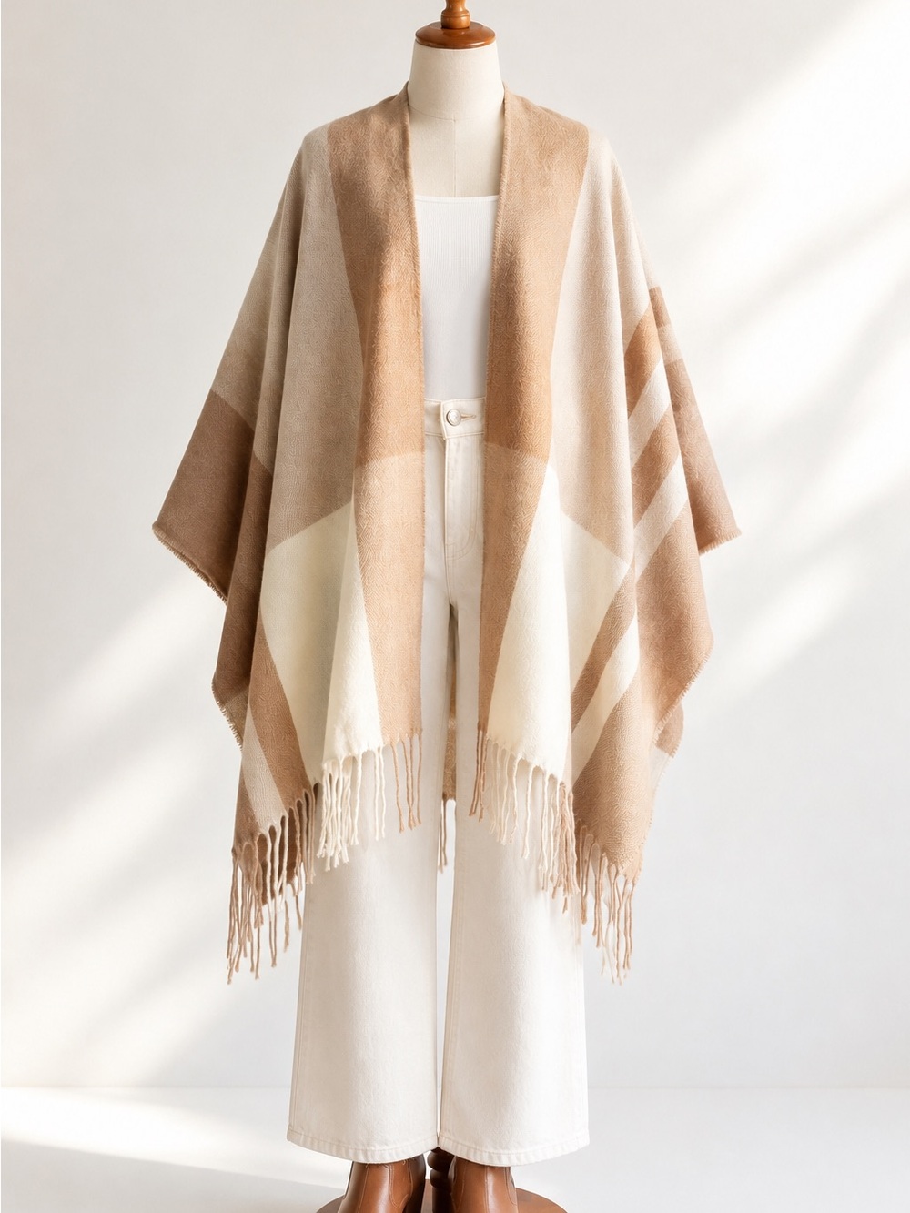Vince Camuto Plaid Blanket Poncho Shawl Fringe Wrap Neutral Oversized Cozy
